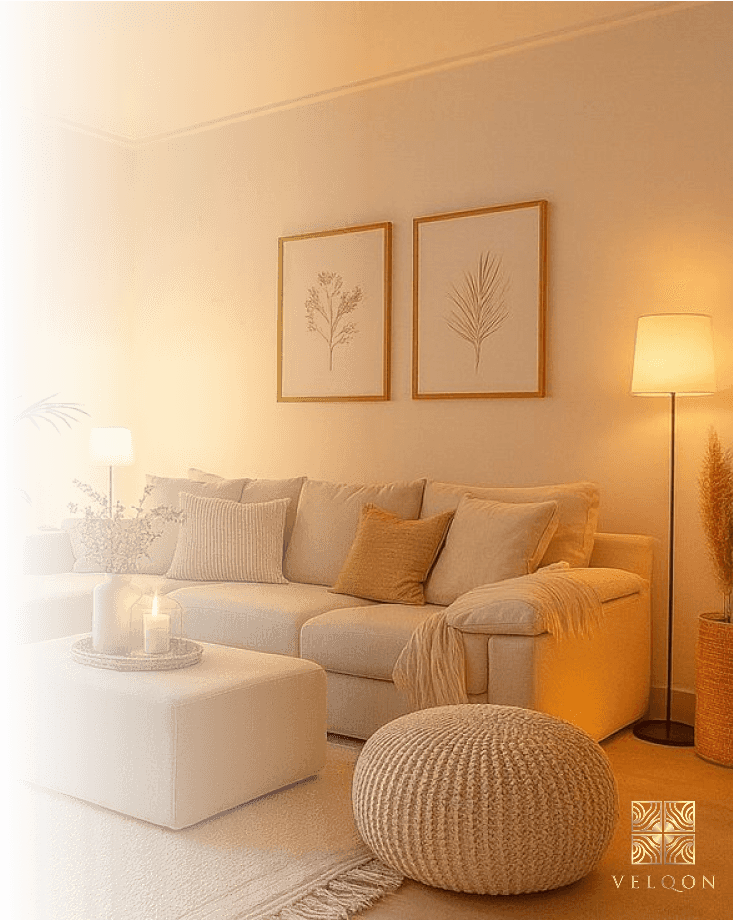 Elegant living room interior styled with Velqon decor